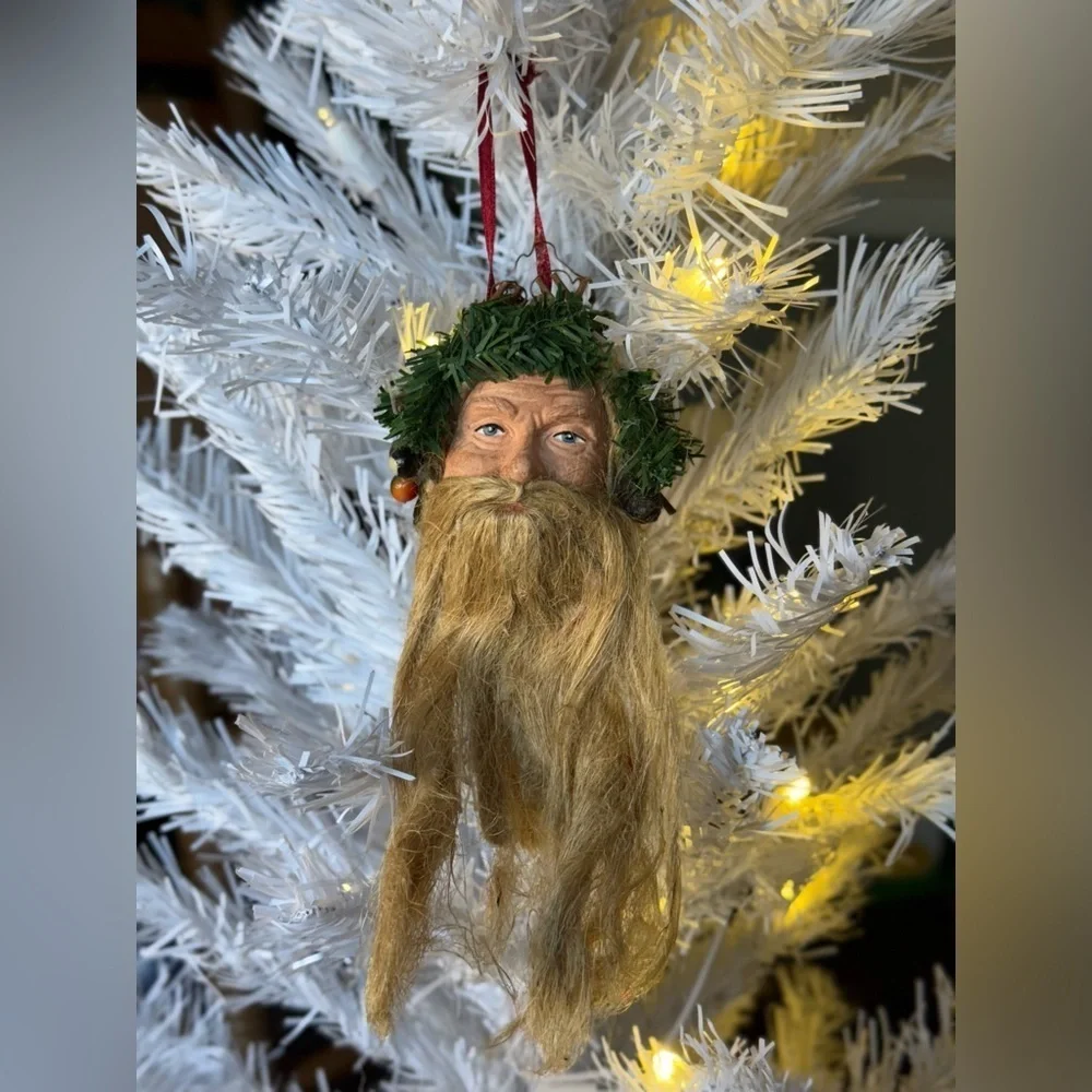 Vintage 1981 Rustic Santa Claus Ornament with Green and Brown Accents